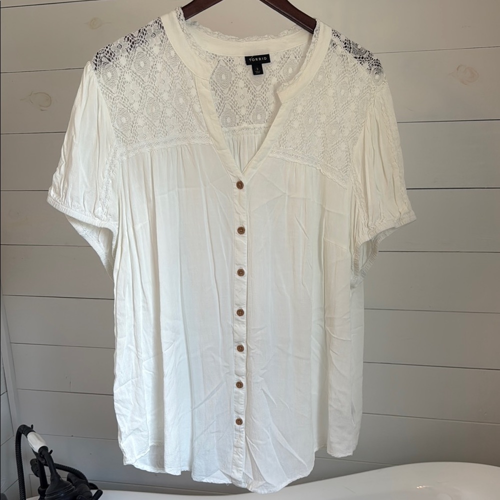 Torrid White Buttoned Blouse with Lace Details